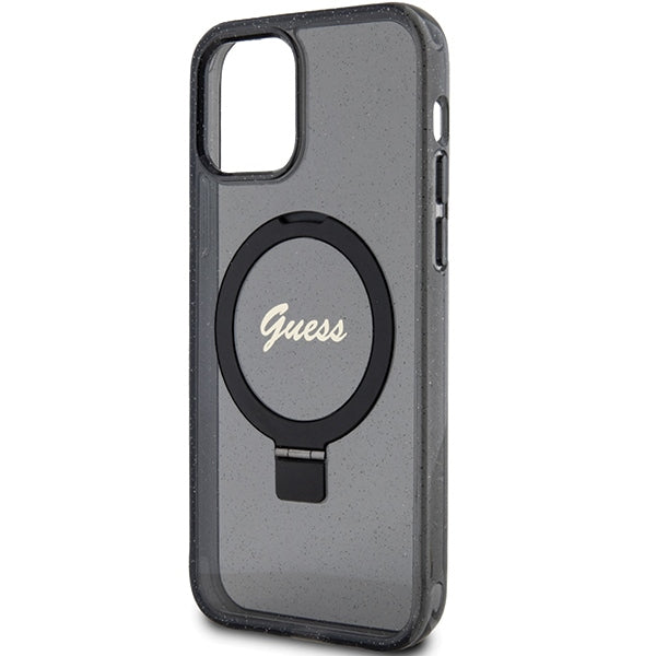 Guess GUHMP12MHRSGSK iPhone 12/12 Pro black hardcase Ring Stand Script Glitter MagSafe