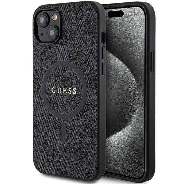 Guess iPhone 14 / 15 / 13 black hardcase 4G Collection Leather Metal Logo MagSafe