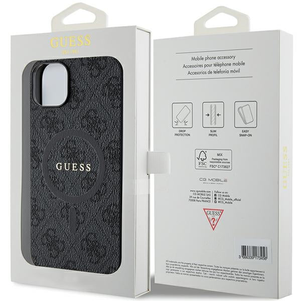 Guess iPhone 14 / 15 / 13 black hardcase 4G Collection Leather Metal Logo MagSafe