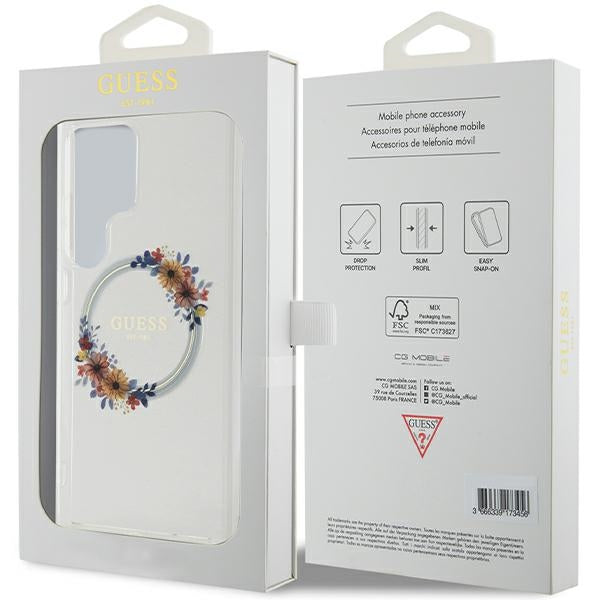 Guess Galaxy S24 Ultra S928 transparent hardcase IML Flowers Wreath MagSafe
