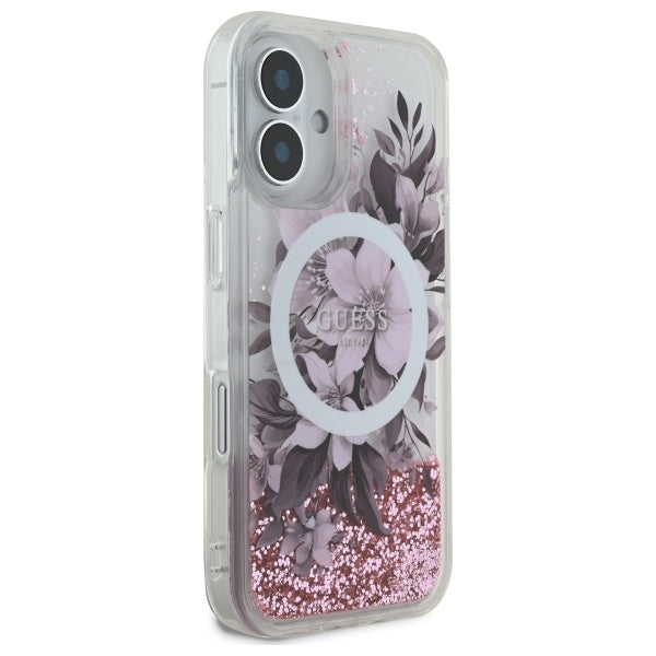 Guess GUHMP16SLFMWTP iPhone 16 pink hardcase Liquid Glitter Flower MagSafe