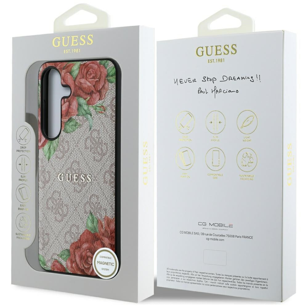 Guess Leather 4G Flowers Print Metal Classic Logo MagSafe Case Samsung Galaxy S25 Pink