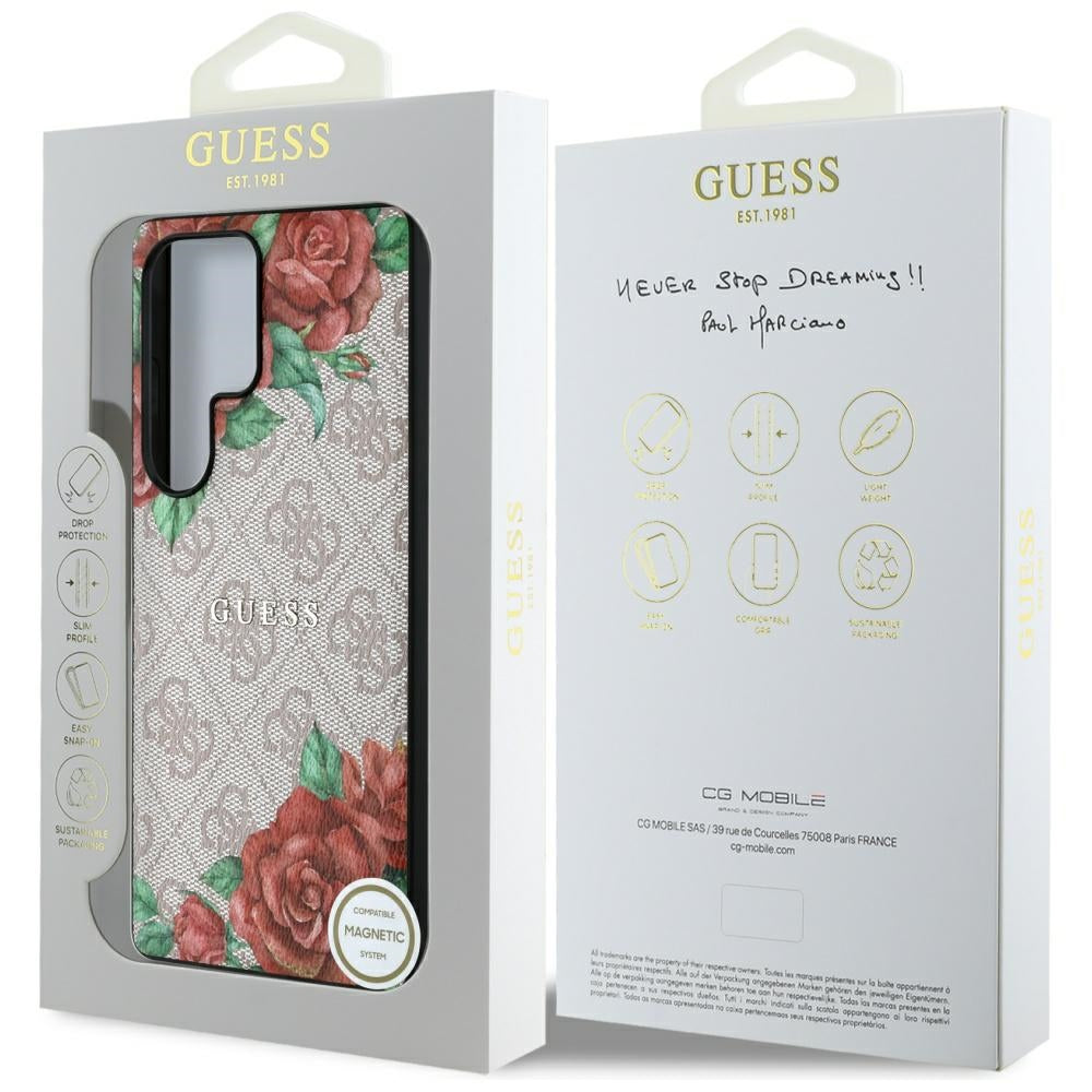 Guess Leather 4G Flowers Print Metal Classic Logo MagSafe Case Samsung Galaxy S25 Ultra pink