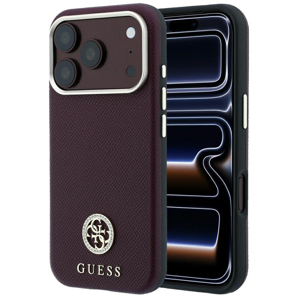 Guess GUHMP18L6PSRMDEU Grained Round Strass Logo MagSafe Case for iPhone 18 Pro / 17 Pro Burgundy