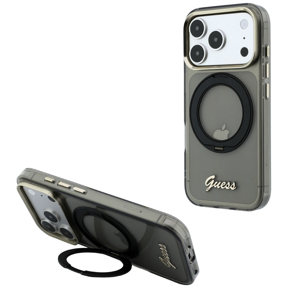 Guess GUHMP18X6HCCMSK IML Ring Stand 360 Script Metal Logo MagSafe for iPhone 18 Pro Max / 17 Pro Max Black