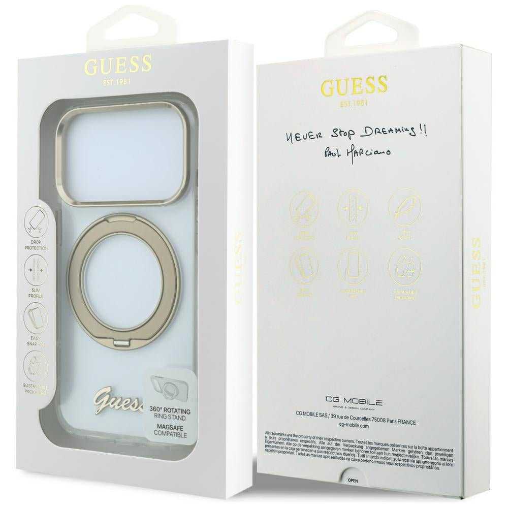 Guess GUHMP18X6HCCMST IML Ring Stand 360 Script Metal Logo MagSafe for iPhone 18 Pro Max / 17 Pro Max Transparent