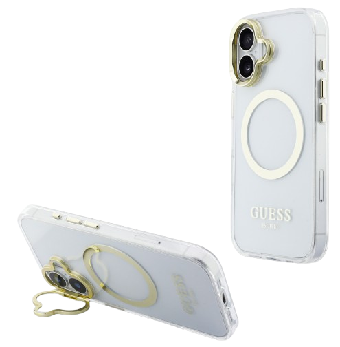 Guess GUHMP16SHTRMSFD Gold Outline Stand Camera Frame Magsafe Case for iPhone 16 Transparant