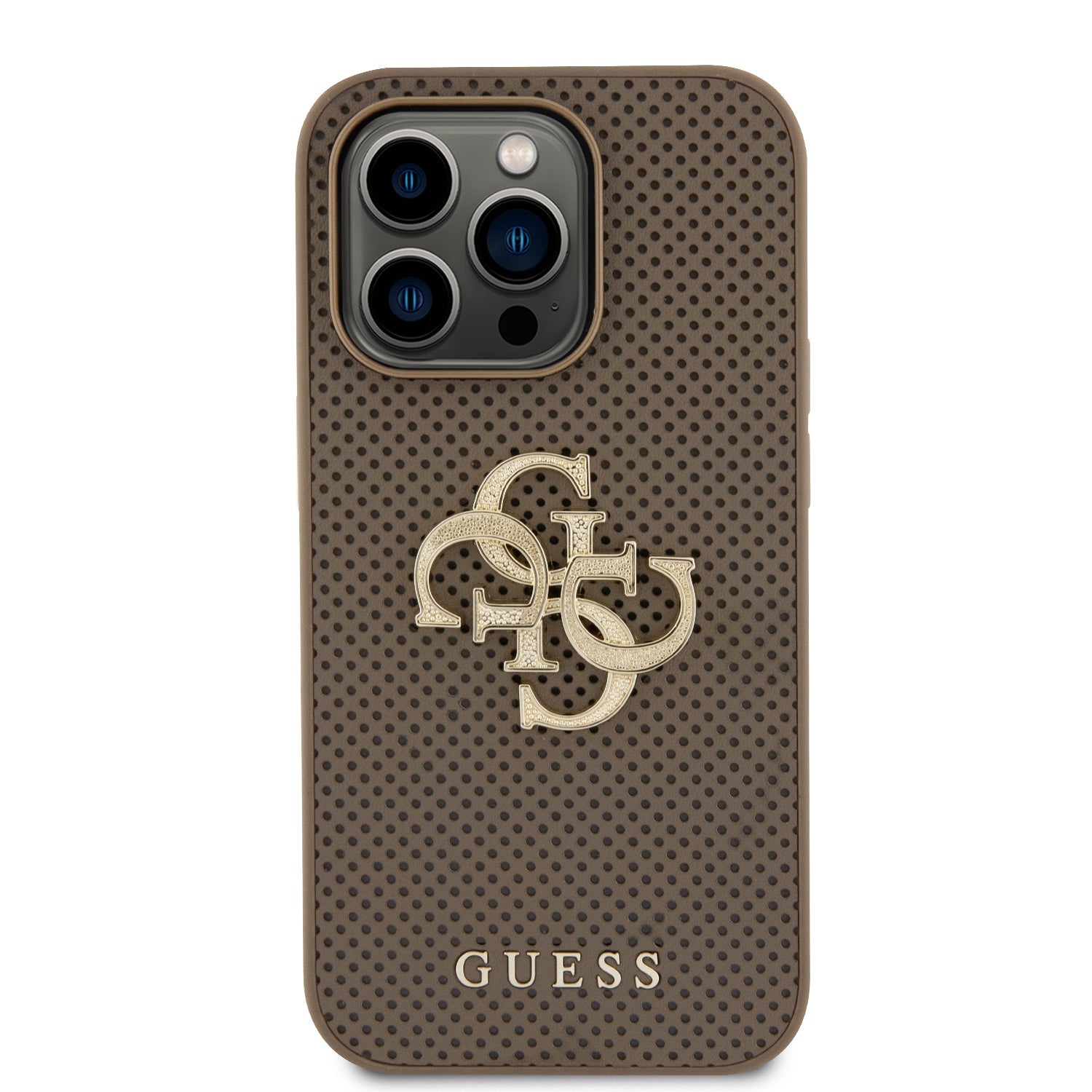 Guess Perforated PU Leather Hardcase 4G with Glitter metal Logo Taupe iPhone 15 Pro Max