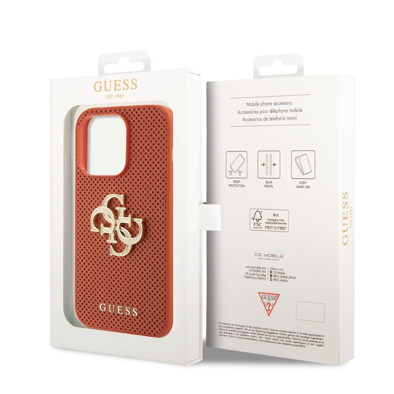 Guess Perforated PU Leather Hardcase 4G with Glitter metal Logo Orange iPhone 15 Pro
