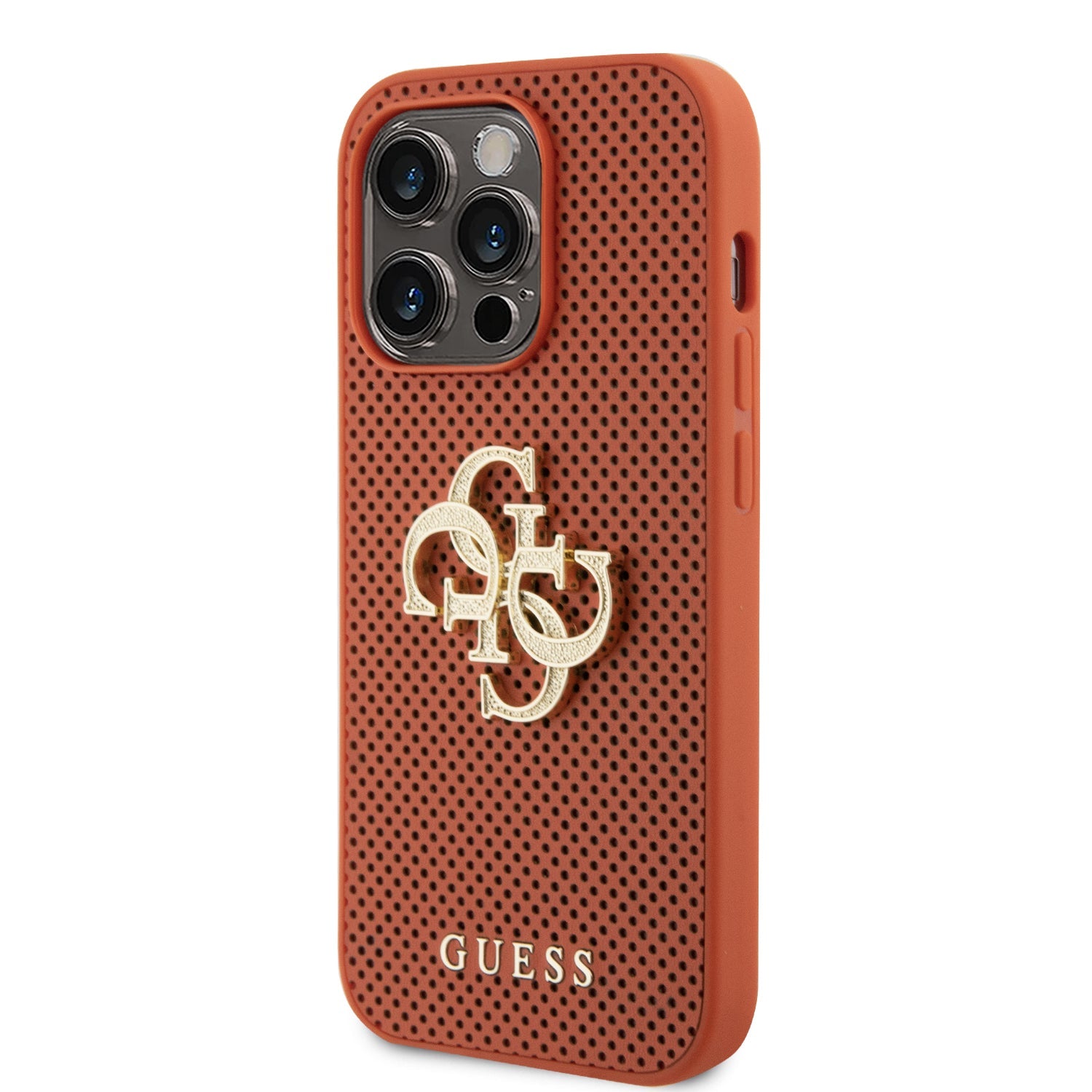 Guess Perforated PU Leather Hardcase 4G with Glitter metal Logo Orange iPhone 15 Pro
