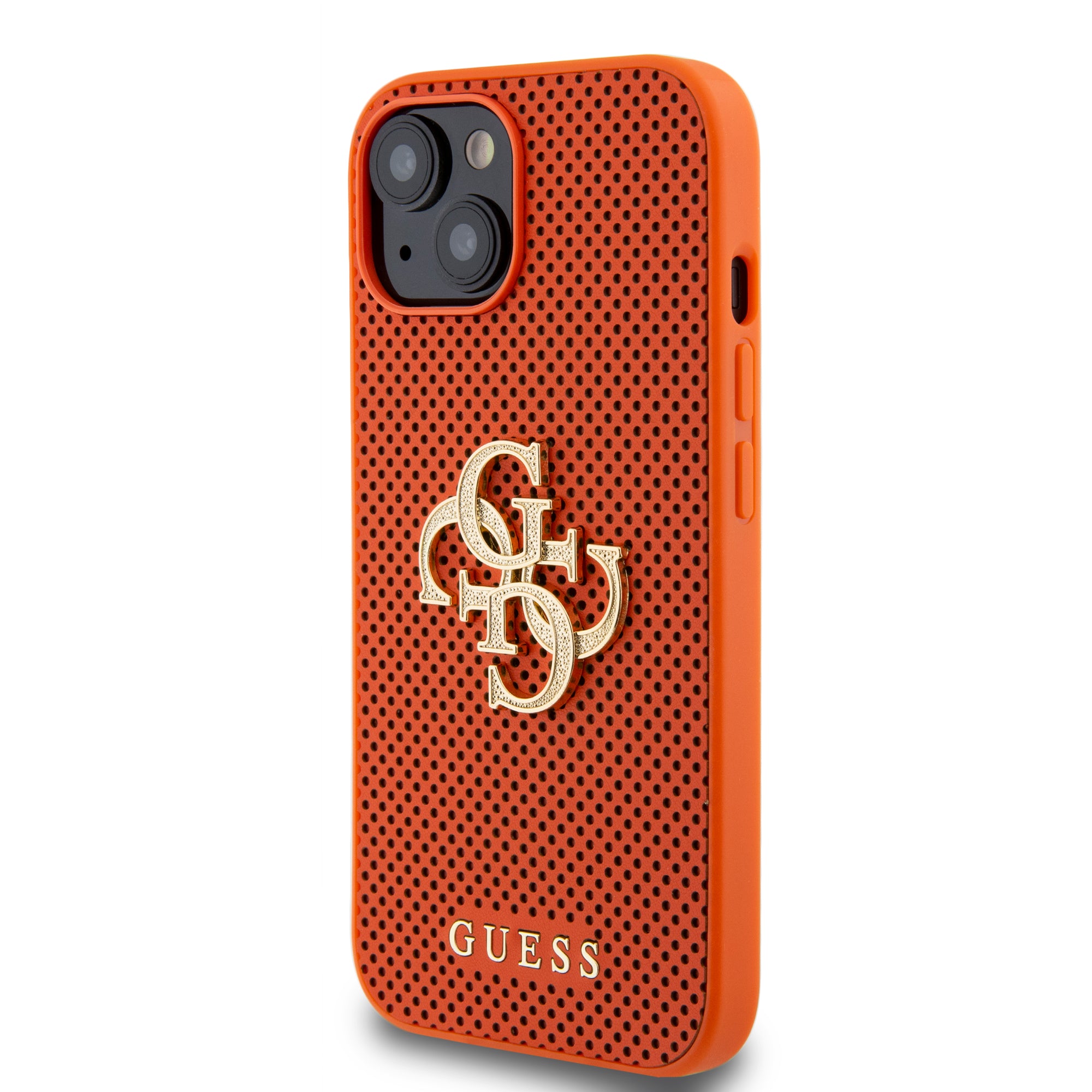 Guess Perforated PU Leather Hardcase 4G with Glitter metal Logo Orange iPhone 15 / 14 / 13