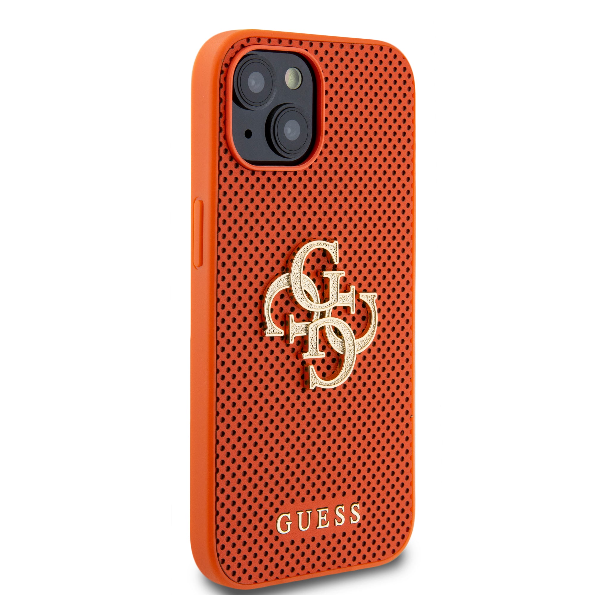 Guess Perforated PU Leather Hardcase 4G with Glitter metal Logo Orange iPhone 15 / 14 / 13