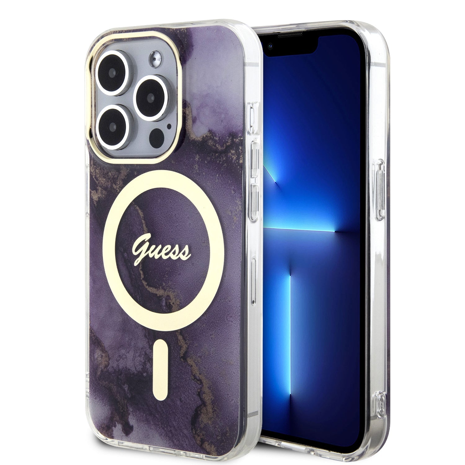 Guess GUHMP15LHTMRSU iPhone 15 Pro purple hardcase IML Golden Marble MagSafe