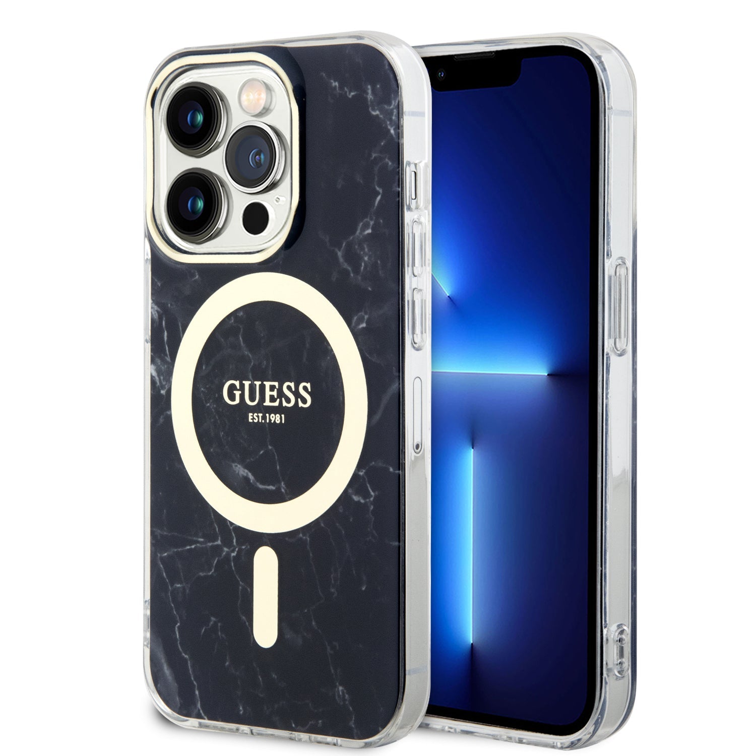 Guess GUHMP15LPCUMAK iPhone 15 Pro Black hardcase IML Golden Marble MagSafe