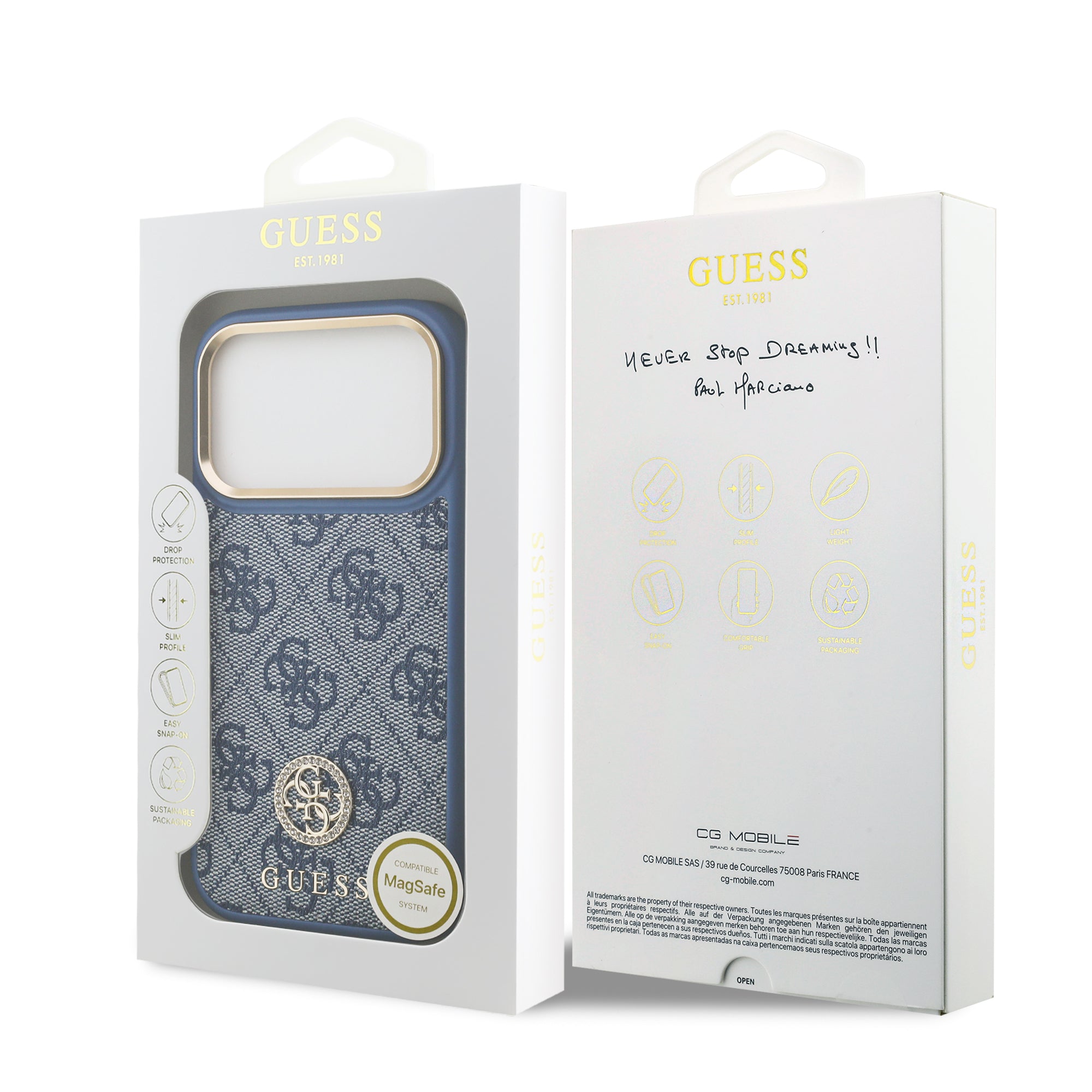 GUESS GUHMP17LP4GRMDEB Hardcase MagSafe PU W/ 4G PU Strass Logo Blue iPhone 17 Pro