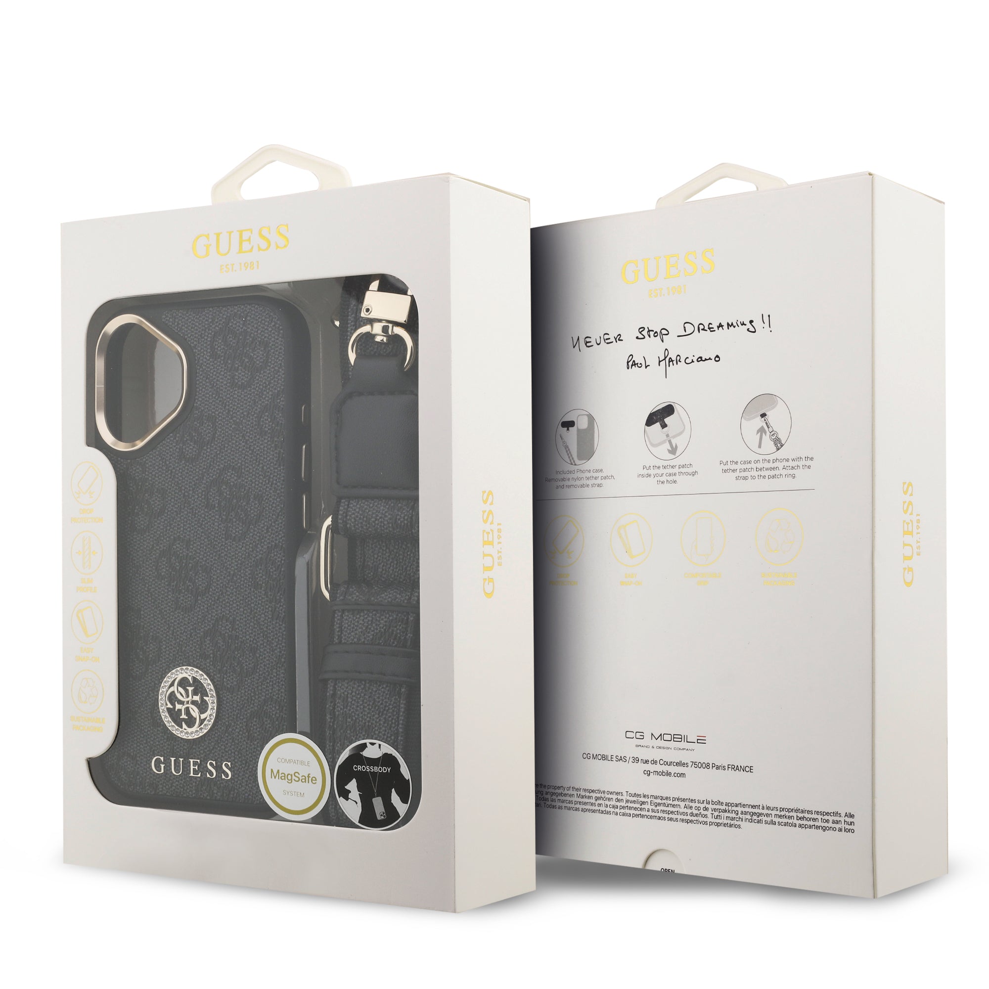 GUESS GUHMP16SP4G4DCSK HardCase MagSafe 4G PU W/ Strass Logo & Big Strap Metal Buttons Black iPhone 16