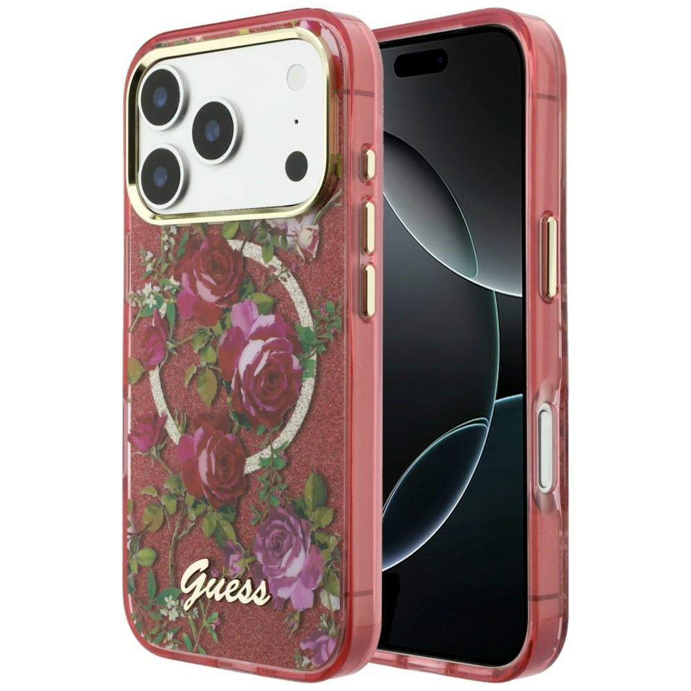 Guess iPhone 18 Pro Max / iPhone 17 Pro Max Case IML Glitter Blossom Roses MagSafe Burgundy