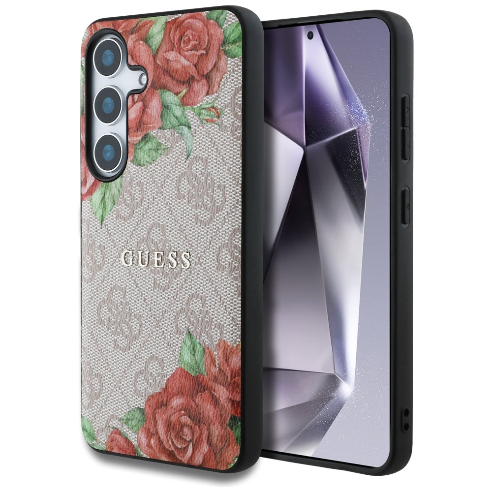 Guess Leather 4G Flowers Print Metal Classic Logo MagSafe Case Samsung Galaxy S25 Pink