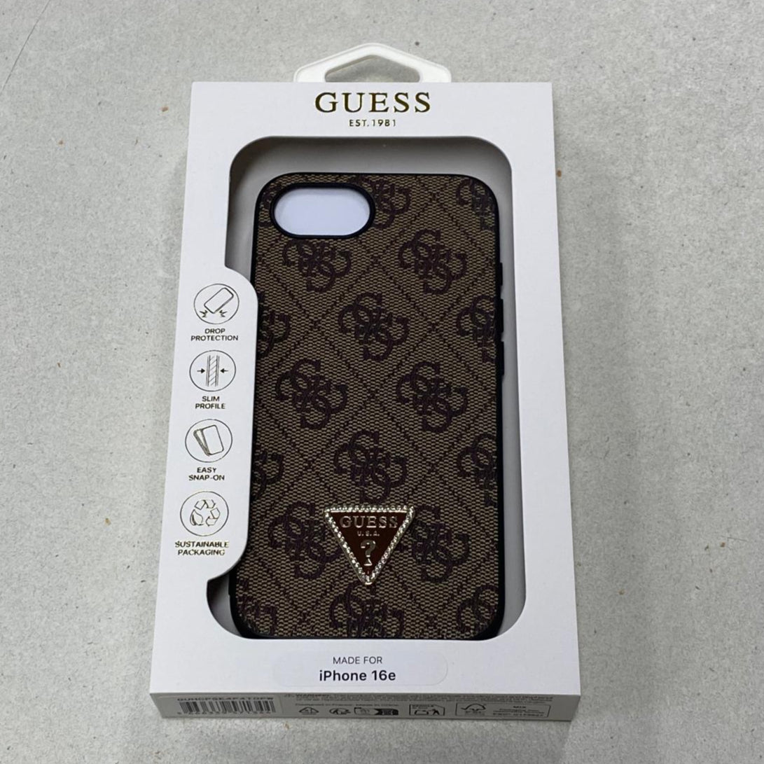 Guess GUHCPSE4P4TDPW iPhone 16e Brown MagSafe hardcase PU Leather Triangle Strass