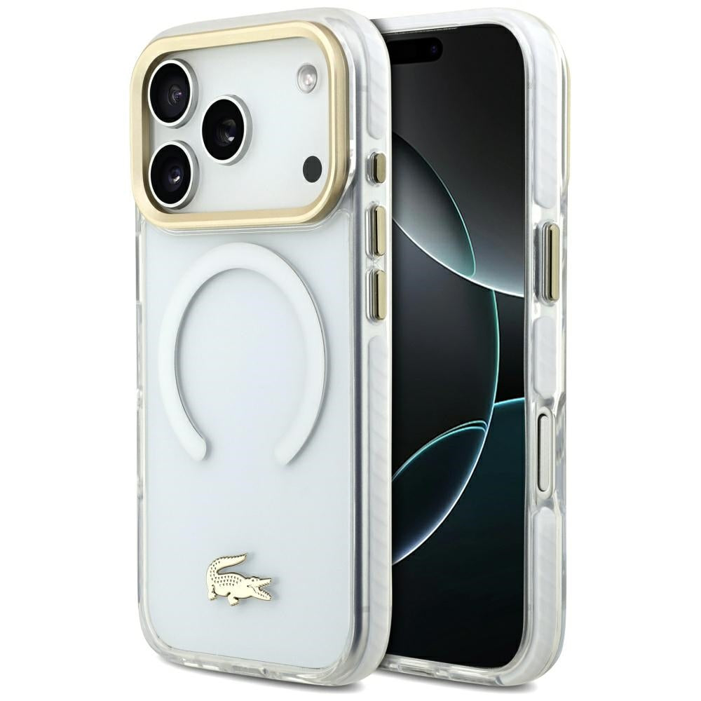 LACOSTE Shockproof Transparent Frosted Gold Logo MagSafe Case for iPhone 17 Pro White
