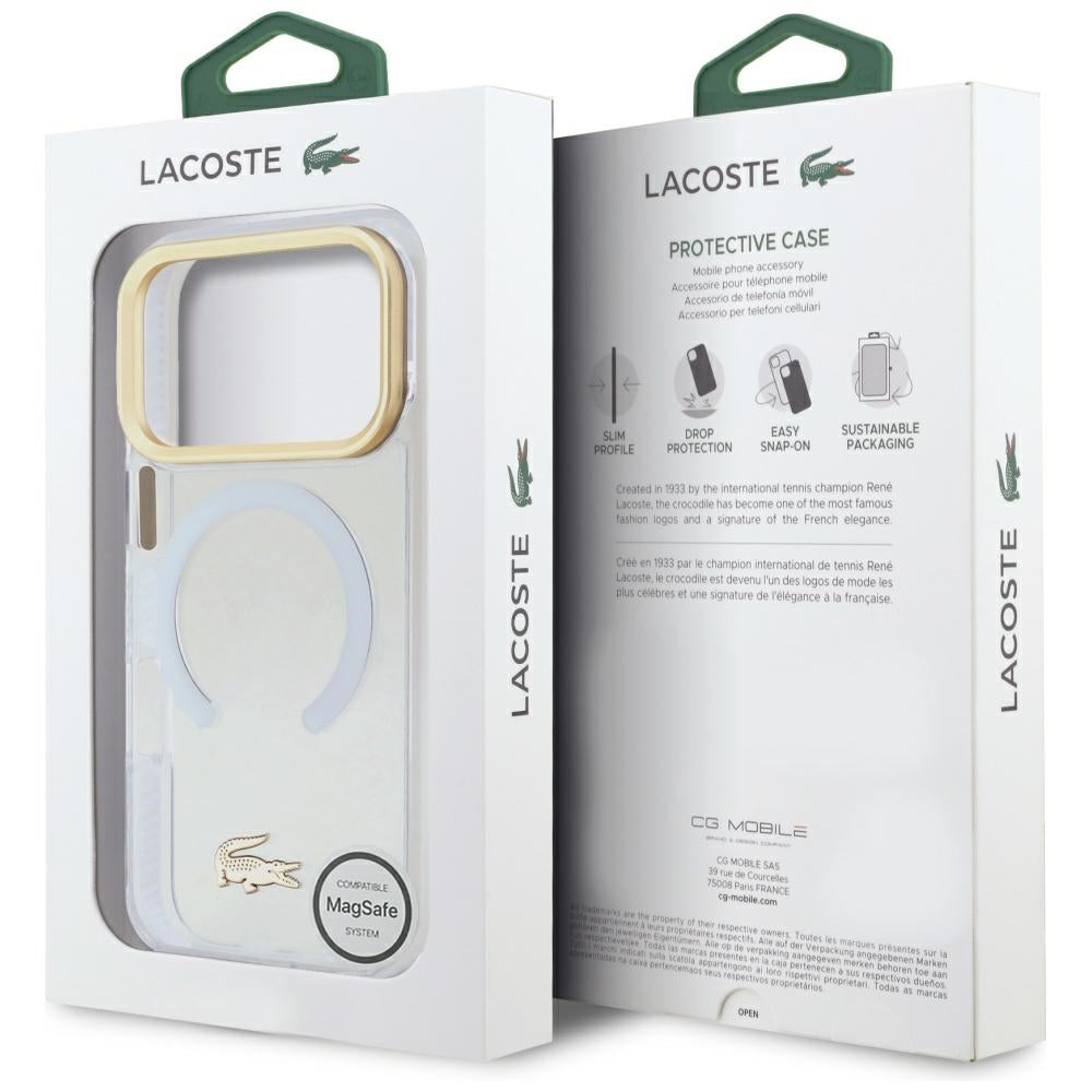 LACOSTE Shockproof Transparent Frosted Gold Logo MagSafe Case for iPhone 17 Pro White