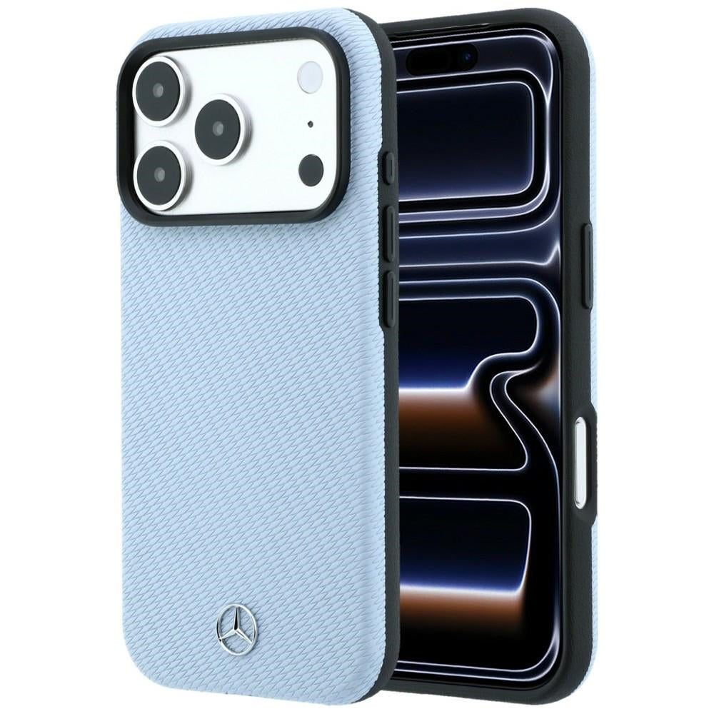 Mercedes MEHMP18X25PFWWPB Leather Semi Wrap Wood Effect MagSafe Case for iPhone 18 Pro Max / 17 Pro Max Blue