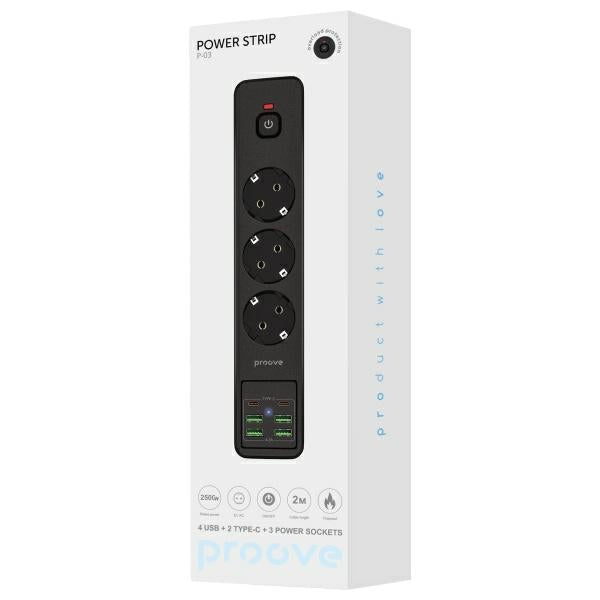 Proove Power Strip 2m 3000W Power Socket P-03 (3xAC + 4xUSB + 2xType-C) black