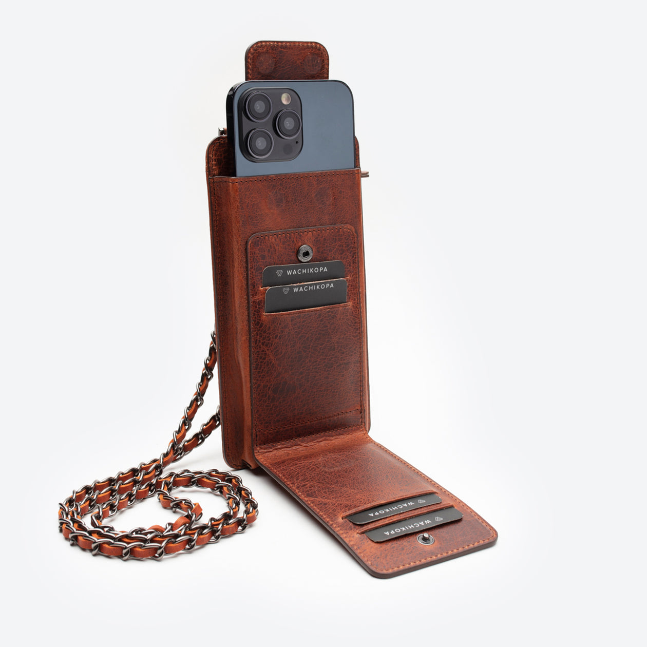 Wachikopa Neck Strap Wallet Phone Case Brown