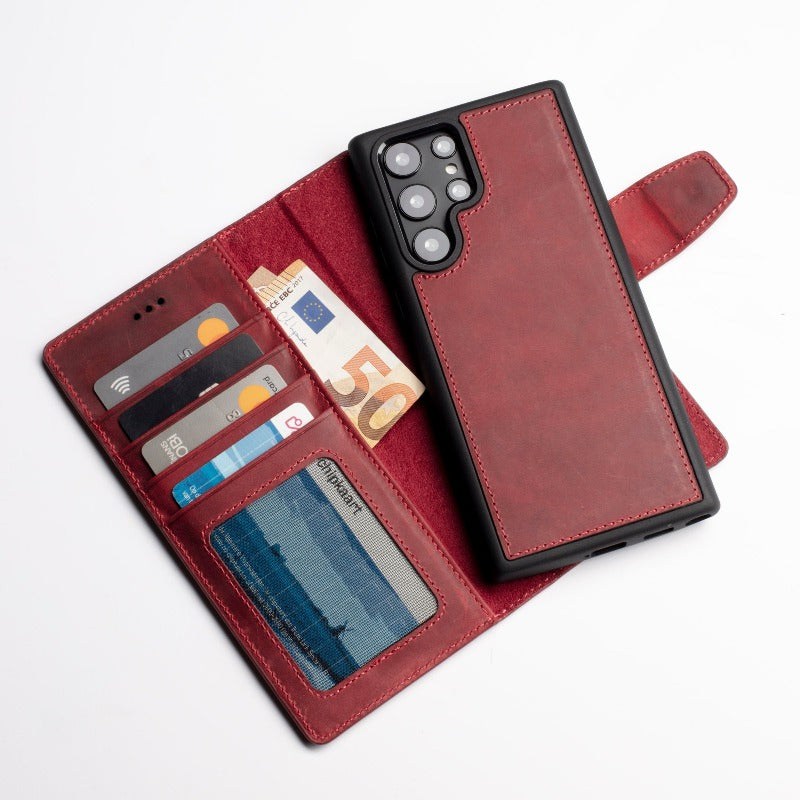 Wachikopa Genuine Leather Magic Book Case 2 in 1 for Samsung S23 Ultra Red