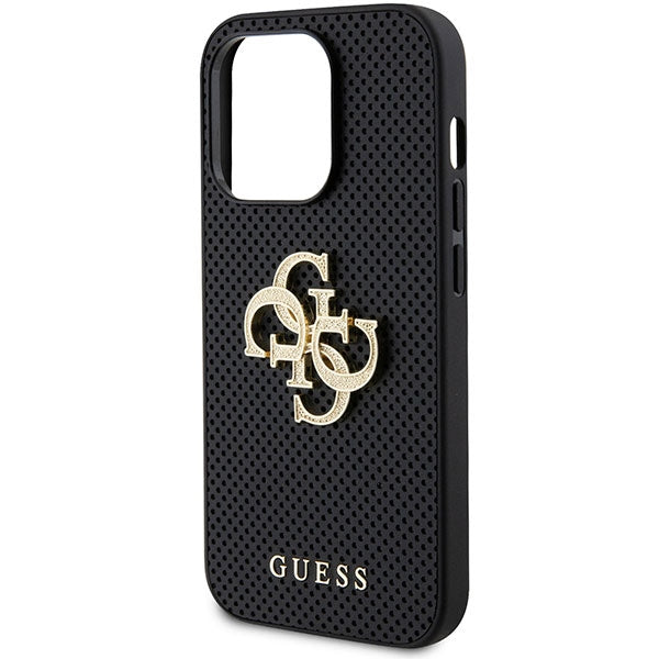Guess GUHCP15LPSP4LGK iPhone 15 Pro black hardcase Leather Perforated 4G with Glitter metal Logo