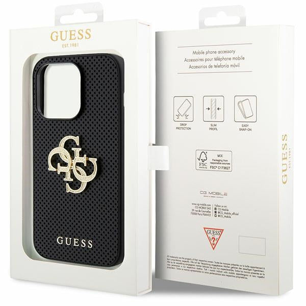 Guess GUHCP15LPSP4LGK iPhone 15 Pro black hardcase Leather Perforated 4G with Glitter metal Logo