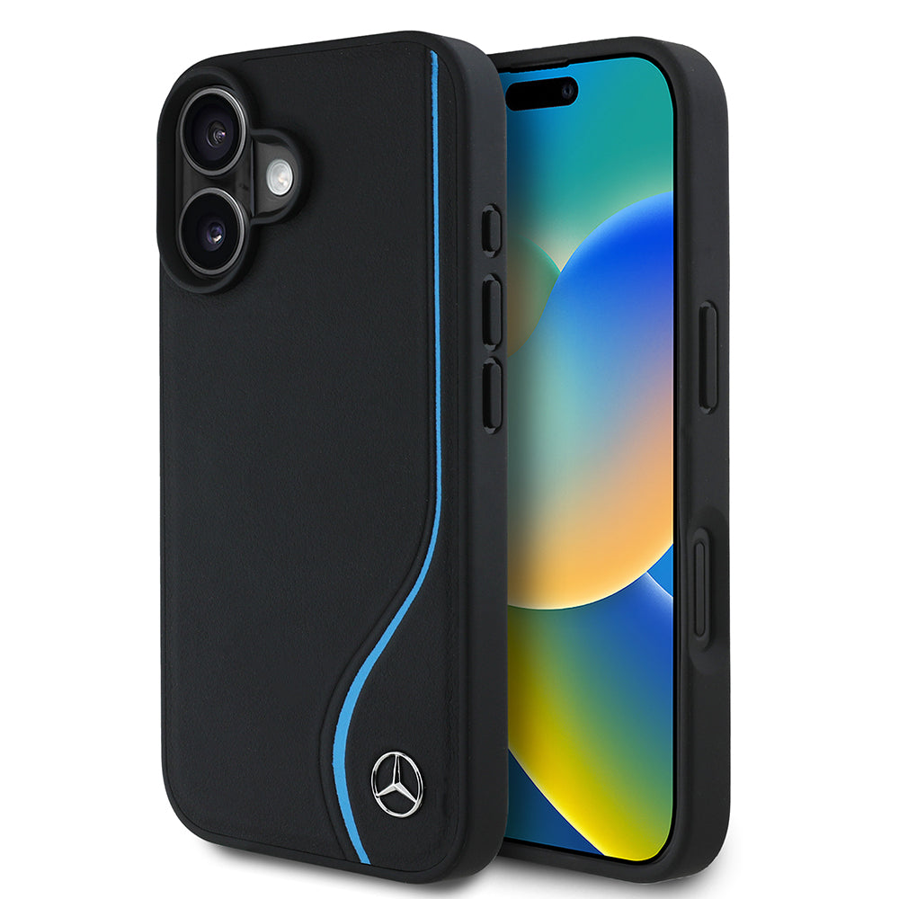 Mercedes MEHMP16S24RCLCK iPhone 16 black Magsafe Charging 3D Metal Logo Blue Vertical Curved Striped Leather case