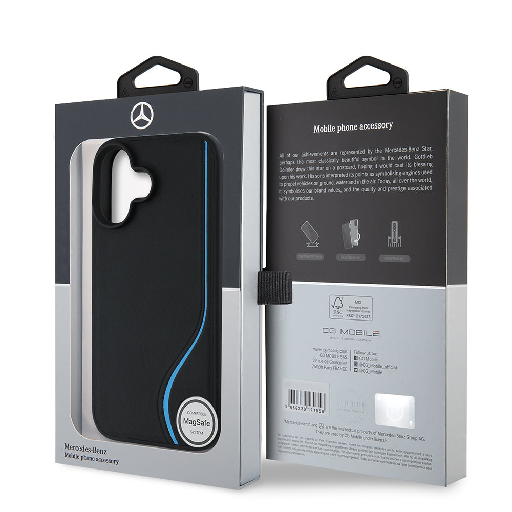 Mercedes MEHMP16S24RCLCK iPhone 16 black Magsafe Charging 3D Metal Logo Blue Vertical Curved Striped Leather case