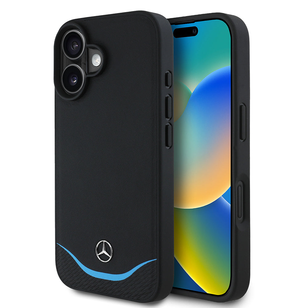 Mercedes MEHMP16S24RBIBK iPhone 16 black MagSafe Charging 3D Metal Logo Blue Horizontal Curved Striped Leather