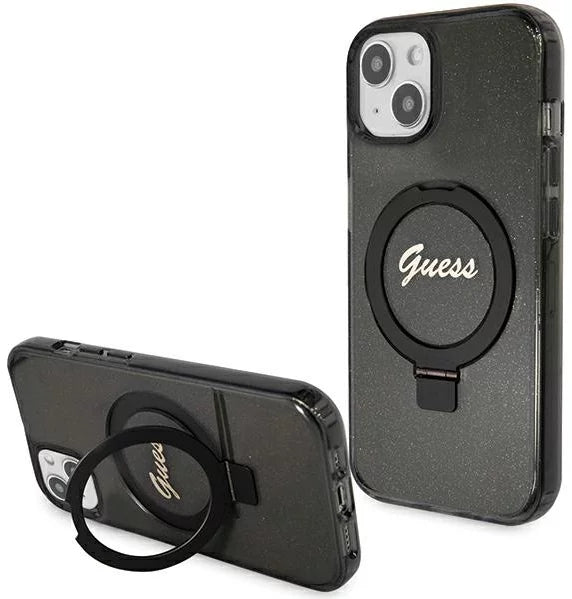 GUESS GUHMP15SHRSGSK hardcase Ring Stand Script Glitter MagSafe Case Black for iPhone 15 / 14 / 13