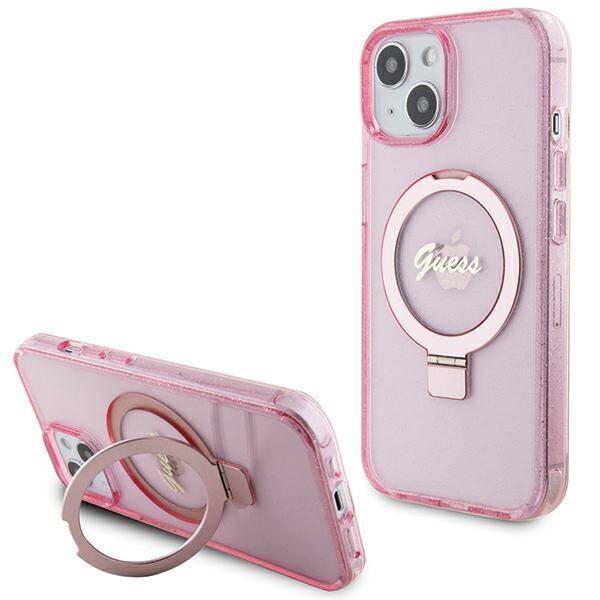 GUESS GUHMP15SHRSGSP hardcase Ring Stand Script Glitter MagSafe Case Pink for iPhone 15 / 14 / 13
