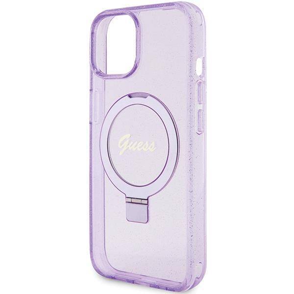 Guess GUHMP15SHRSGSU hardcase Ring Stand Script Glitter Purple MagSafe Case for iPhone 15 / 14 / 13