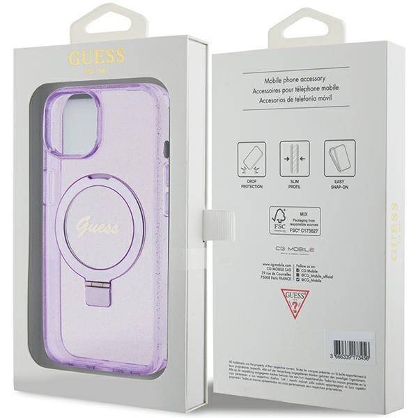 Guess GUHMP15SHRSGSU hardcase Ring Stand Script Glitter Purple MagSafe Case for iPhone 15 / 14 / 13