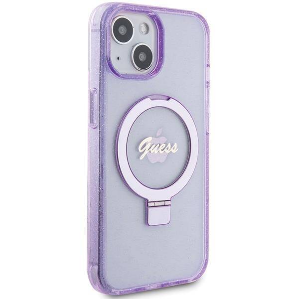 Guess GUHMP15MHRSGSU hardcase Ring Stand Script Glitter Purple MagSafe Case for iPhone 15 Plus