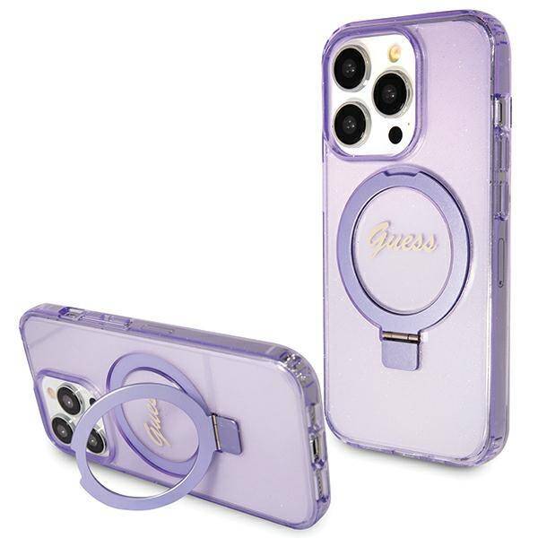 Guess GUHMP15LHRSGSU hardcase Ring Stand Script Glitter Purple MagSafe Case for iPhone 15 Pro