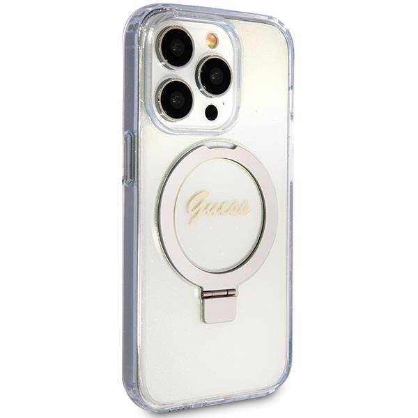 Guess GUHMP15XHRSGSD hardcase Ring Stand Script Glitter Transparent MagSafe Case for iPhone 15 Pro Max