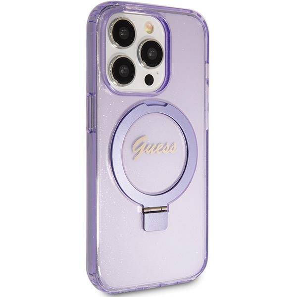 Guess GUHMP15XHRSGSU hardcase Ring Stand Script Glitter Purple MagSafe Case for iPhone 15 Pro Max