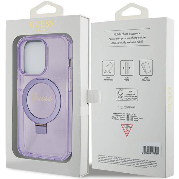 Guess GUHMP15XHRSGSU hardcase Ring Stand Script Glitter Purple MagSafe Case for iPhone 15 Pro Max