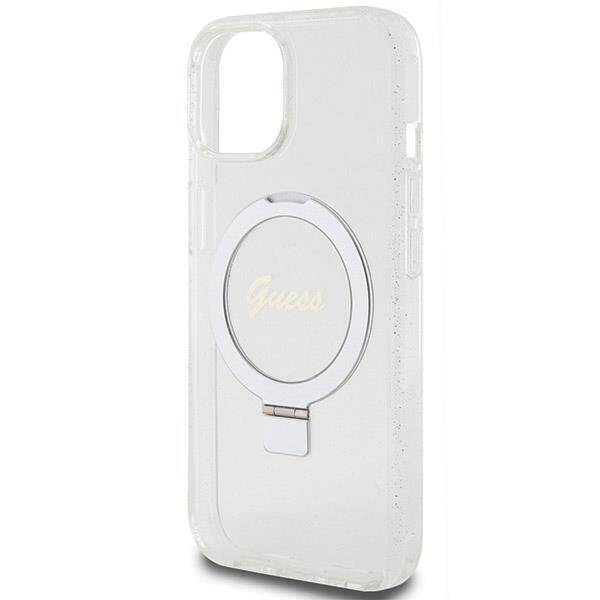 Guess GUHMP15SHRSGSD hardcase Ring Stand Script Glitter Transparent MagSafe Case for iPhone 15 / 14 / 13