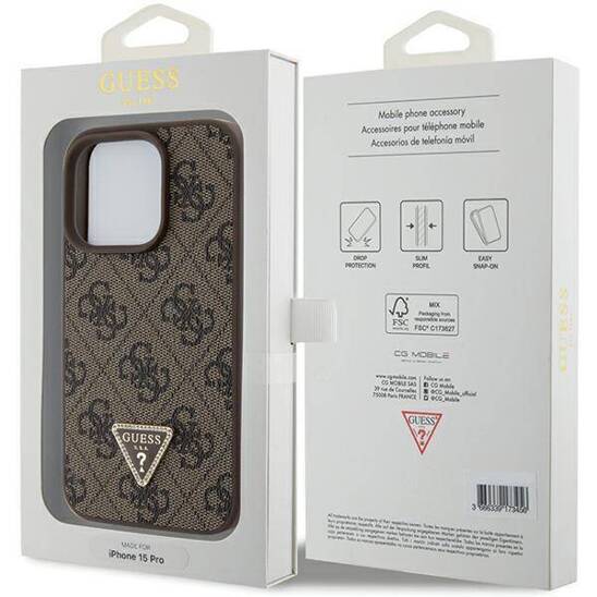 GUESS HC PU LEATHER 4G TRIANGLE STRASS BROWN iPhone 15 PRO