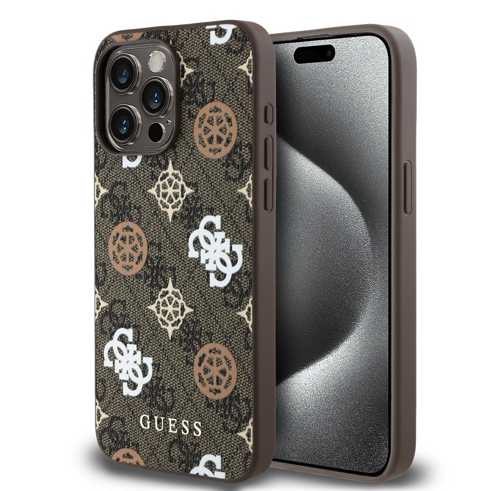 Guess GUHMP15XP4PWPW iPhone 15 Pro Max Hardcase PU Peony on 4G Background Brown MagSafe