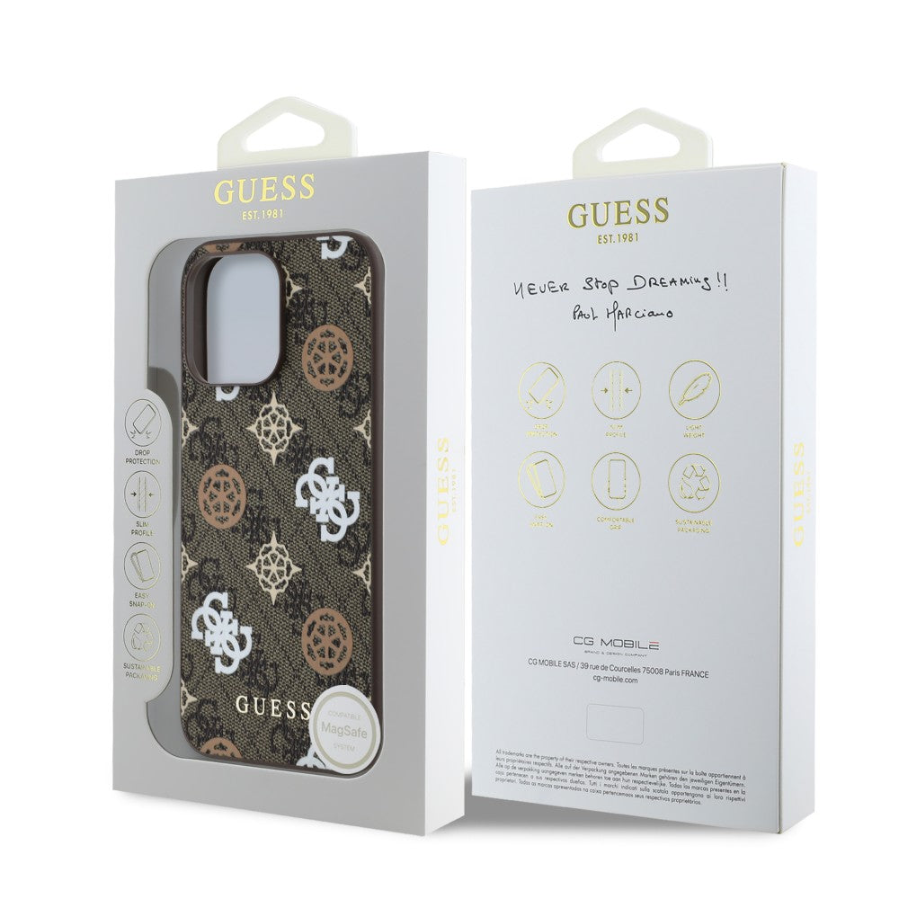 Guess GUHMP15XP4PWPW iPhone 15 Pro Max Hardcase PU Peony on 4G Background Brown MagSafe