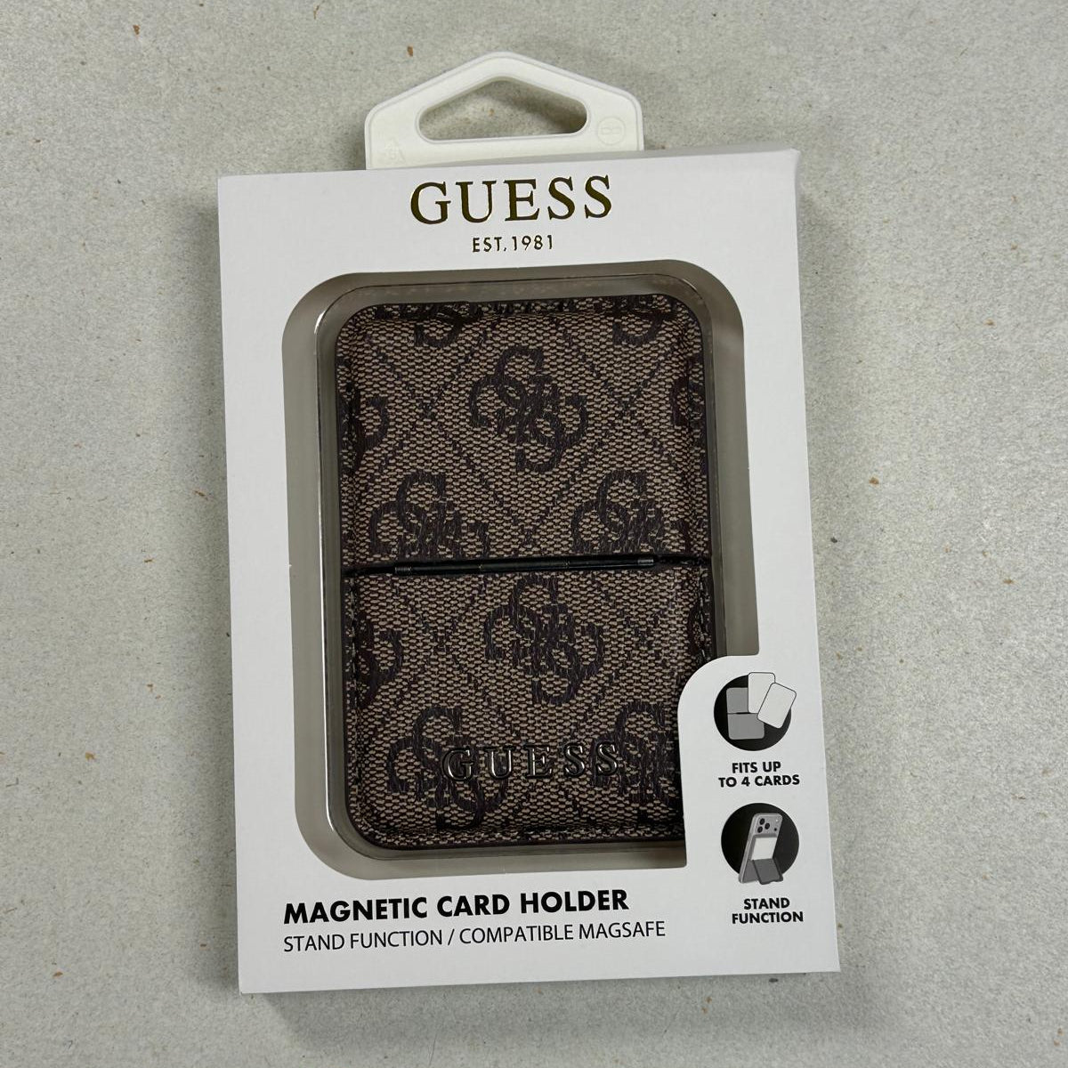 GUESS Card Holder 4 Cards 4G PU MagSafe and Stand Classic Logo Brown