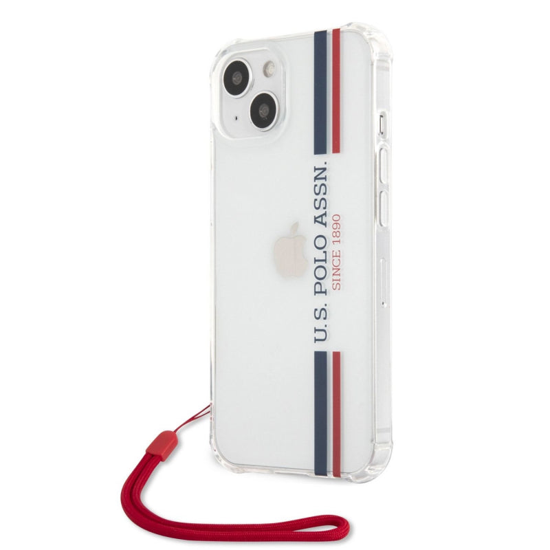 US Polo Assn USHCP13MKSTTR Stripes Logo Shiny Case with Anti-Lost Red Nylon Cord iPhone 13 mini