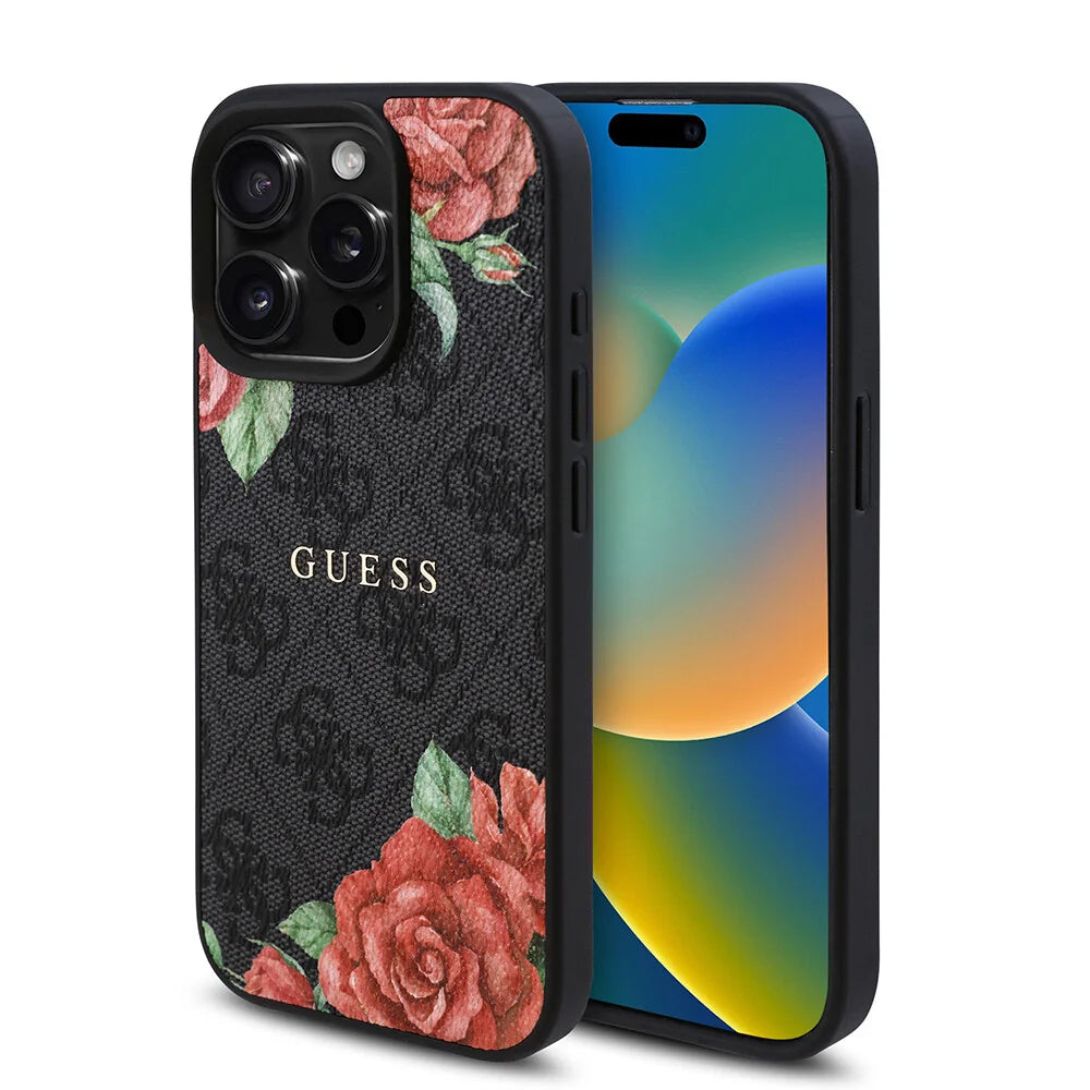 Guess GUHMP15LP4ROPEMCK 4G Flowers Print Metal Classic Logo MagSafe Case for iPhone 15 Pro black
